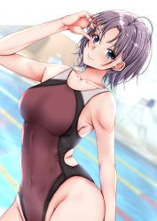 Rule 34 | 1girl, aga marino, asakura toru, bad id, bad twitter id, bare arms, bare shoulders, blue eyes, blurry, blurry background, blush, breasts, closed mouth, collarbone, commentary, commentary request, competition swimsuit, covered navel, idolmaster, idolmaster shiny colors, large breasts, looking at viewer, one-piece swimsuit, parted bangs, pool, purple hair, purple one-piece swimsuit, smile, solo, swimsuit