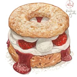 Rule 34 | artist name, commentary, cream, doughnut, english commentary, food, food focus, fruit, highres, jam, kailene, original, simple background, still life, strawberry, white background