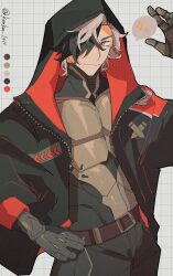Rule 34 | 1boy, arm up, artist name, belt, belt buckle, black hair, black jacket, black pants, boothill (honkai: star rail), brown belt, buckle, closed mouth, color guide, cowboy shot, crosshair pupils, grey eyes, grid background, hair over one eye, hand on own hip, highres, honkai: star rail, honkai (series), hood, hood up, hooded jacket, jacket, kon (konkon 1011), looking at viewer, male focus, medium hair, multicolored hair, open clothes, open jacket, pants, simple background, smile, solo, sparkle, speech bubble, spoken sparkle, twitter username, two-tone hair, white background, white hair