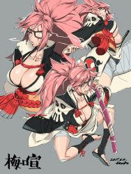 Rule 34 | 1girl, amputee, arc system works, artist request, baiken, boots, breasts, cleavage, dated, guilty gear, guilty gear xrd, hesuke, highres, holding, holding smoking pipe, jacket, jacket on shoulders, japanese clothes, katana, kimono, large breasts, long hair, multiple views, obi, one-eyed, open clothes, open kimono, pink eyes, pink hair, ponytail, samurai, sarashi, sash, scar, scar across eye, scar on face, sheath, sheathed, simple background, smoking, smoking pipe, sword, tattoo, toeless footwear, weapon