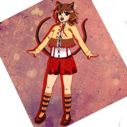 Rule 34 | 1girl, alternate costume, animal ears, bad anatomy, boots, brown footwear, brown hair, cat ears, cat tail, chen, earrings, jacket, jewelry, looking at viewer, multiple tails, nekomata, open mouth, poorly drawn, shirt, short hair, shorts, single earring, solo, sonicami, tail, touhou