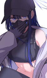 Rule 34 | 1girl, absurdres, bare shoulders, baseball cap, black gloves, black hair, black hat, black mask, black pants, black shirt, blue archive, blue eyes, breasts, chest harness, coat, commentary, crop top, gloves, halo, hand up, harness, hat, highres, kiyakyuu, long hair, looking to the side, mask, medium breasts, midriff, mouth mask, navel, off shoulder, open clothes, open coat, pants, saori (blue archive), shirt, simple background, sitting, sleeveless, sleeveless shirt, solo, white background, white coat