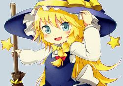 Rule 34 | 1girl, ayuki (47881314), black hat, blonde hair, blue eyes, blush, bow, braid, broom, cookie (touhou), fang, hair bow, hat, hat bow, hat ribbon, holding, holding broom, kirisame marisa, long hair, long sleeves, looking at viewer, open mouth, red bow, ribbon, ruka (cookie), smile, solo, touhou, witch hat, yellow bow, yellow ribbon
