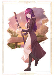 Rule 34 | 1girl, absurdres, black coat, blunt bangs, blush, boots, coat, dress, fern (sousou no frieren), hair ornament, highres, holding, holding staff, honey brush, long coat, long hair, looking at viewer, mage staff, purple eyes, purple hair, solo, sousou no frieren, sparkle, staff, straight hair, white dress