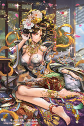 Rule 34 | 1girl, animal, anklet, armor, artist name, bare shoulders, barefoot, barefoot sandals (jewelry), bian shi, bracelet, breastplate, breasts, brown eyes, brown hair, cat, cleavage, closed mouth, cloud, cloudy sky, earrings, eyelashes, feet, fingernails, flower, forehead jewel, hair flower, hair ornament, hand up, jewelry, large breasts, long hair, long sleeves, matching hair/eyes, nail polish, necklace, original, petals, sangokushi taisen, shawl, sitting, skirt, sky, smile, soles, solo, toe ring, toes, traditional clothes, watermark, web address, white nails, wide sleeves, xiaji, yokozuwari
