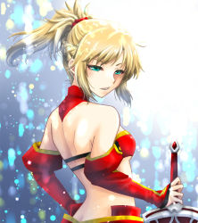 Rule 34 | 10s, bare back, blonde hair, blush, bodysuit, clarent (fate), fate/extra, fate (series), green eyes, long hair, mordred (fate), mordred (fate/apocrypha), ponytail, red saber, solo, warrior