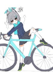 Rule 34 | 1girl, animal ear fluff, animal ears, bicycle, blue archive, blue halo, blue scarf, blush, blush stickers, grey hair, halo, kneehighs, leg up, pleated skirt, scarf, shiroko (blue archive), shiroko (young) (blue archive), shoes, short hair, simple background, skirt, sneakers, socks, solo, white background, wolf ears, wolf girl