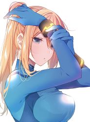 Rule 34 | 1girl, :o, arms up, blonde hair, blue bodysuit, blue eyes, bodysuit, bracelet, breasts, commentary request, eyes visible through hair, female focus, from side, hair between eyes, high ponytail, highres, jewelry, large breasts, long hair, looking at viewer, metroid, mole, mole under mouth, neck, nintendo, open mouth, ponytail, ryon (ryonhei), samus aran, sidelocks, simple background, skin tight, upper body, white background, zero suit