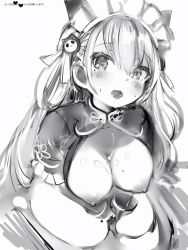 Rule 34 | 1girl, bad id, bad pixiv id, breasts, breasts out, cum, cum on body, cum on breasts, cum on upper body, gloves, greyscale, hair ornament, highres, hourei tenten, large breasts, long hair, looking at viewer, maid headdress, melty+, monochrome, nanashi (nlo), nipples, own hands together, shrug (clothing), simple background, smile, solo, tongue, tongue out, v arms, virtual youtuber, white background