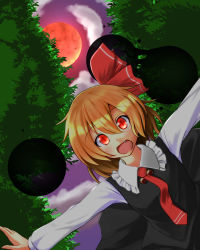 Rule 34 | 1girl, bad id, bad pixiv id, blonde hair, cloud, fang, forest, full moon, hair ribbon, highres, long sleeves, moon, nature, necktie, night, open mouth, orb, outdoors, outstretched arms, purple sky, red eyes, red moon, red necktie, ribbon, rumia, short hair, skirt, skirt set, sky, slit pupils, solo, spread arms, touhou, uetaku