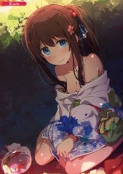 Rule 34 | 1girl, absurdres, areola slip, baggy pants, blurry, blush, breasts, brown hair, cleavage, closed mouth, collarbone, day, depth of field, floral print, hair ornament, highres, japanese clothes, kimono, kimono pull, kinchaku, long hair, looking at viewer, medium breasts, melonbooks, ogipote, original, outdoors, pants, ponytail, pouch, sidelocks, sitting, smile, solo, wariza, white kimono, yukata