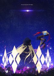 Rule 34 | 1girl, artoria caster (fate), artoria caster (second ascension) (fate), artoria pendragon (fate), blonde hair, bug, butterfly, cape, copyright name, facing away, fate/grand order, fate (series), flower, from behind, hat, holding, holding staff, insect, long hair, minimalism, night, night sky, otsumami (bu-bu-heaven), sky, solo, staff, star (sky), starry sky
