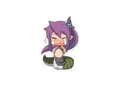 Rule 34 | 1girl, armlet, bare shoulders, black ribbon, black skirt, blush, bmp-to-png conversion, bracelet, chibi, closed eyes, crying, facing viewer, fang, flat chest, flying sweatdrops, full body, game cg, green tail, hair bobbles, hair ornament, hair ribbon, hands on own hips, high ponytail, jewelry, jingai modoki, lamia, long hair, mon-musu quest!, monster girl, navel, non-web source, o-ring, o-ring bottom, o-ring top, open mouth, pointy ears, ponytail, purple hair, ribbon, sidelocks, simple background, skirt, solo, standing, stomach, streaming tears, striped tail, t t, tail, tears, teeny (mon-musu quest!), transparent background, very long hair, wavy mouth