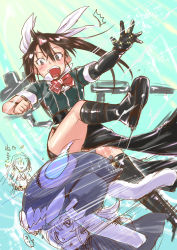 Rule 34 | 10s, abyssal ship, black footwear, boots, brown hair, cape, chikuma (kancolle), hair ribbon, highres, kantai collection, katase minami, knee boots, long hair, multiple girls, open mouth, pelvic curtain, remodel (kantai collection), ribbon, silver hair, tone (kancolle), twintails, wo-class aircraft carrier