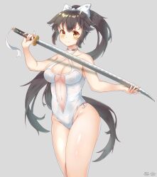 Rule 34 | 1girl, absurdres, animal ears, azur lane, black hair, bow, breasts, brown eyes, casual one-piece swimsuit, choker, cleavage, cowboy shot, criss-cross halter, dog ears, grey background, hair flaps, halterneck, highres, large breasts, long hair, official alternate costume, one-piece swimsuit, ponytail, ribbon, routi liyun, side-tie swimsuit, simple background, solo, swimsuit, sword, takao (azur lane), takao (beach rhapsody) (azur lane), weapon, white bow, white choker, white one-piece swimsuit, white ribbon