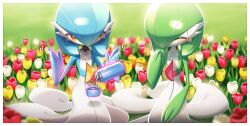 Rule 34 | 2girls, ^ ^, alternate color, artist name, black choker, blue hair, blue skin, blurry, blush, bob cut, border, choker, closed eyes, closed mouth, colored skin, creatures (company), day, depth of field, female focus, field, flat chest, flower, flower field, game freak, gardevoir, gen 3 pokemon, grass, green hair, green skin, hair between eyes, hair over one eye, hand to own mouth, hand up, hands up, happy, lace, lace choker, lotosu, mega stone, motion lines, multicolored skin, multiple girls, nintendo, notice lines, one eye covered, orange eyes, outdoors, outline, pink outline, pokemon, pokemon (creature), pouring, red flower, red tulip, shiny and normal, shiny pokemon, short hair, signature, sitting, smile, telekinesis, thermos, tulip, two-tone skin, water, white border, white choker, white flower, white skin, white tulip, yellow flower, yellow tulip