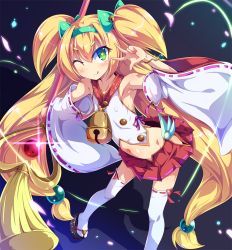 Rule 34 | 1girl, bell, blazblue, blonde hair, child, flat chest, green eyes, heart, heart-shaped pupils, japanese clothes, long hair, looking at viewer, miko, platinum the trinity, smile, solo, symbol-shaped pupils, toraishi 666, v