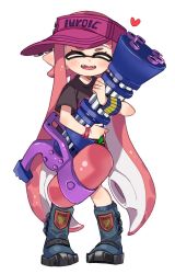 Rule 34 | 1girl, :d, ^ ^, bad id, bad twitter id, black shirt, blue footwear, blush, boots, bracelet, closed eyes, fangs, full body, hat, heart, holding, inkling, inkling girl, inkling player character, jewelry, legs apart, long hair, maco spl, mini splatling (splatoon), nintendo, open mouth, pink hair, pink hat, pointy ears, shirt, short sleeves, simple background, smile, solo, splatoon (series), splatoon 1, splatoon 2, standing, suction cups, t-shirt, tentacle hair, very long hair, visor cap, white background, wristband