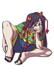 Rule 34 | absurdres, commentary, eddybird55555, english commentary, fangs, head on hand, highres, horn ornament, horn ribbon, horns, legs, long hair, nippaku zanmu, red eyes, ribbon, sandals, shirt, shorts, simple background, sitting, spread legs, touhou, two-sided horns, unfinished dream of all living ghost, white background