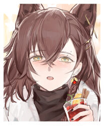 Rule 34 | 1girl, :o, animal ear piercing, animal ears, arknights, black nails, black sweater, blush, crossed bangs, drink, earrings, hair between eyes, hair ornament, hairclip, hand up, highres, holding, holding drink, jacket, jewelry, long sleeves, looking at viewer, mole, mole above eye, mole above mouth, mranz4869, official alternate costume, open clothes, open jacket, open mouth, penance (arknights), penance (occasionally flushed) (arknights), simple background, solo, sweater, white background, white jacket, wolf ears, wolf girl, yellow eyes