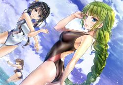 Rule 34 | &gt;:), 10s, 3girls, ahoge, alternate costume, alternate hairstyle, arm at side, ass, bare arms, bare shoulders, black hair, blue eyes, blunt bangs, blurry, braid, breasts, brown hair, cloud, cloudy sky, competition swimsuit, cowboy shot, day, depth of field, dutch angle, faceless, faceless female, green hair, hair ribbon, hair up, half-closed eyes, kantai collection, kazagumo (kancolle), koyuki (kotatsu358), leaning forward, lips, long hair, looking at viewer, medium breasts, mole, mole under mouth, multicolored hair, multiple girls, naganami (kancolle), ocean, one-piece swimsuit, open mouth, parted lips, partially submerged, pink hair, ponytail, ribbon, sidelocks, single braid, sky, smug, standing, stretching, swimsuit, thighs, two-tone hair, v-shaped eyebrows, very long hair, wading, water, yuugumo (kancolle)
