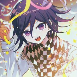 Rule 34 | 1boy, :d, black hair, checkered clothes, checkered scarf, danganronpa (series), danganronpa v3: killing harmony, dated, flipped hair, hand up, happy birthday, long sleeves, male focus, mikao (eanv5385), multicolored background, multicolored hair, oma kokichi, open mouth, purple hair, ribbon, scarf, smile, solo, teeth, two-tone hair, upper teeth only