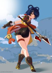 Rule 34 | 1girl, artist name, ass, bare shoulders, black shorts, blue hair, blush, boots, braid, china dress, chinese clothes, dress, fingerless gloves, from behind, full body, genshin impact, gloves, high heel boots, high heels, highres, holding, holding weapon, looking at viewer, omochikaeriya, polearm, short hair, short shorts, shorts, sleeveless, sleeveless dress, smile, solo, spear, standing, thighs, twin braids, weapon, xiangling (genshin impact), yellow dress, yellow eyes