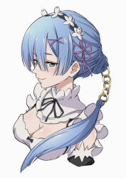 Rule 34 | 1girl, alternate hairstyle, blue eyes, blue hair, breasts, cleavage, closed mouth, commentary request, cropped torso, flower knot, hair between eyes, hair ornament, hair ribbon, highres, looking at viewer, maid, maid headdress, medium breasts, nishizuki shino, pink ribbon, re:zero kara hajimeru isekai seikatsu, rem (re:zero), ribbon, ring hair ornament, roswaal mansion maid uniform, sideways glance, simple background, smile, solo, white background, x hair ornament