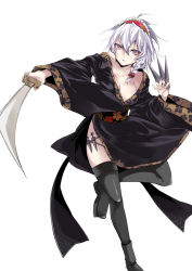 Rule 34 | 1girl, alternate costume, atoshi, bad id, bad pixiv id, black thighhighs, braid, breasts, cleavage, collarbone, floral print, grey eyes, holster, izayoi sakuya, japanese clothes, kimono, knife, long sleeves, looking at viewer, maid headdress, outstretched arm, sash, silver hair, simple background, solo, sword, thigh holster, thighhighs, touhou, twin braids, weapon, white background, wide sleeves, yukata
