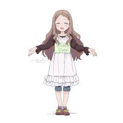 1girl :d ^_^ aoba_kokona braid braided_bangs brown_hair closed_eyes commentary dated dot_nose dress facing_viewer free_hugs full_body fumi-a hair_ornament hairclip highres incoming_hug long_hair long_sleeves open_mouth outstretched_arms parted_bangs shoes signature simple_background smile sneakers solo standing white_background white_dress yama_no_susume