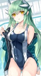 Rule 34 | 1girl, arm behind back, bare shoulders, blush, breasts, cleavage, collarbone, competition swimsuit, covered navel, cowboy shot, dragon girl, dragon horns, fate/grand order, fate (series), green hair, highres, horns, jacket, kiyohime (fate), large breasts, long hair, looking at viewer, morizono shiki, off shoulder, one-piece swimsuit, open clothes, open jacket, parted lips, pool, smile, solo, swimsuit, swimsuit under clothes, thighs, water, yellow eyes