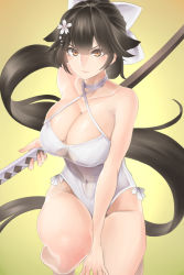 Rule 34 | 1girl, azur lane, between legs, black hair, bow, breasts, brown eyes, choker, cleavage, fighting stance, flower, frown, hair between eyes, halterneck, hand between legs, highres, holding, holding sword, holding weapon, large breasts, leotard, long hair, looking at viewer, on one knee, one-piece swimsuit, ponytail, ready to draw, sheath, sheathed, shirofugu, simple background, solo, staff, straight hair, swimsuit, sword, takao (azur lane), takao (beach rhapsody) (azur lane), v-shaped eyebrows, very long hair, weapon, white bow, white flower, white one-piece swimsuit, yellow background