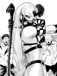 Rule 34 | 1girl, absurdres, ass, bikini, black bikini, black mask, black sclera, bondage outfit, breasts, collar, colored sclera, crowd, greyscale, harness, heart, heart-shaped pupils, highres, kaijin hime do-s, kazu 884, large breasts, long hair, looking at viewer, monochrome, multiple boys, o-ring, o-ring bikini, one-punch man, sideboob, spiked collar, spikes, swimsuit, symbol-shaped pupils, whip