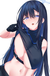 Rule 34 | 1girl, absurdres, areola slip, black gloves, black hair, black pants, black shirt, blue archive, blue eyes, blush, breasts, clothes pull, covered erect nipples, crop top, dutch angle, gloves, highres, large breasts, long hair, looking at viewer, midriff, navel, no headwear, open mouth, pants, ragnaveldt, saori (blue archive), shirt, shirt pull, simple background, sleeveless, sleeveless shirt, solo, turtleneck, upper body, white background