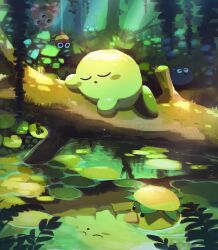 Rule 34 | 1boy, afloat, character request, closed eyes, forest, gooey (kirby), highres, kirby, kirby (series), lily pad, log, lying, nature, nintendo, on stomach, outdoors, sleeping, string, suyasuyabi