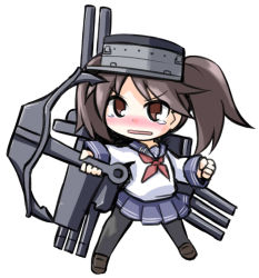 Rule 34 | 1girl, alternate costume, anchor, blush, brown eyes, brown hair, cosplay, dress, hat, ikazuchi (kancolle), ikazuchi (kancolle) (cosplay), kantai collection, kugelschreiber, machinery, open mouth, pantyhose, personification, ryuujou (kancolle), sailor dress, school uniform, serafuku, simple background, solo, tears, turret, twintails, white background