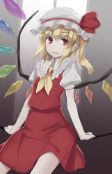 Rule 34 | 1girl, ascot, bad id, bad pixiv id, blonde hair, cowboy shot, dress, flandre scarlet, glasses, hat, hat ribbon, highres, looking at viewer, mob cap, oborofu, puffy short sleeves, puffy sleeves, red-framed eyewear, red dress, ribbon, shirt, short sleeves, side ponytail, solo, thighs, touhou, wings