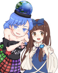 Rule 34 | 2girls, black shirt, blue bow, blue dress, blue eyes, blue gemstone, blue hair, blunt bangs, blush, bow, brown eyes, brown hair, clothes writing, collaboration, collarbone, dress, earth (ornament), gem, hair bow, hecatia lapislazuli, hecatia lapislazuli (earth), holding, holding gem, long hair, long sleeves, looking at viewer, multicolored clothes, multicolored skirt, multiple girls, name connection, object namesake, open mouth, shikuma, shirt, short hair, simple background, skirt, smile, star sapphire, suzushiro (daikon793), t-shirt, touhou, upper body, white background