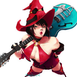 Rule 34 | 1girl, black hair, breasts, cleavage, dress, electric guitar, foreshortening, from above, green eyes, guilty gear, guitar, hat, i-no, instrument, large breasts, looking at viewer, red lips, short dress, short hair, witch hat