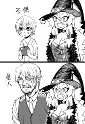 Rule 34 | :d, age progression, apple, blush stickers, breasts, child, choker, cleavage, comic, facial hair, fang, food, fruit, greyscale, hat, long hair, majo shuukai de aimashou, monochrome, old, old man, open mouth, original, otosama, simple background, smile, waistcoat, witch, witch hat