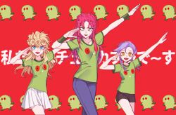 Rule 34 | 3girls, black shorts, blonde hair, blue eyes, braid, breasts, commentary request, diavolo, flat chest, genderswap, genderswap (mtf), giorno giovanna, green eyes, green shirt, jojo no kimyou na bouken, lipstick, long hair, low twin braids, makeup, medium breasts, miniskirt, multiple girls, open mouth, pants, pink hair, pleated skirt, purple hair, purple pants, sempon (doppio note), shirt, short shorts, shorts, skirt, smile, spotted hair, striped clothes, striped shorts, sweatdrop, t-shirt, translation request, twin braids, vento aureo, vinegar doppio, white skirt, wristband, yellow eyes