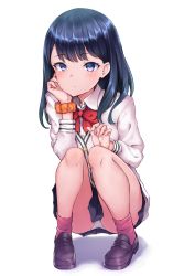 Rule 34 | 10s, 1girl, arm support, bad id, bad pixiv id, black hair, black skirt, blue eyes, blush, bow, bowtie, brown footwear, cardigan, closed mouth, collared shirt, commentary request, dress shirt, fingernails, full body, gridman universe, hand up, loafers, long hair, looking at viewer, orange scrunchie, panties, pigeon-toed, pleated skirt, red bow, red bowtie, red socks, ryuinu, scrunchie, shadow, shirt, shoes, skirt, socks, solo, squatting, ssss.gridman, takarada rikka, underwear, white background, white cardigan, white panties, white shirt, wrist scrunchie