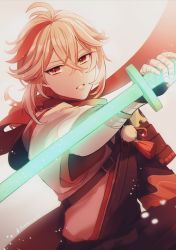 Rule 34 | 1boy, annerica, artist name, bandaged hand, bandages, commentary, genshin impact, holding, holding sword, holding weapon, japanese clothes, kaedehara kazuha, male focus, multicolored hair, parted lips, red eyes, solo, streaked hair, sword, weapon, white hair