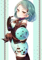 Rule 34 | 1girl, bare shoulders, bob cut, braid, braided bangs, breasts, brown eyes, chocolate mint, cleavage, crown braid, elbow gloves, food, garter straps, gloves, green hair, hair ornament, hairclip, highres, holding, holding food, ice cream, ice cream cone, incoming food, kokone (coconeeeco), looking at viewer, mint, mint chocolate, original, personification, side slit, smile, smirk, solo, thighhighs