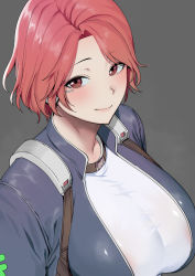 Rule 34 | 1girl, absurdres, amano don, blue bodysuit, blush, bodysuit, breasts, fortune (last origin), grey background, highres, huge breasts, last origin, light smile, looking at viewer, looking up, parted lips, plunging neckline, red eyes, red hair, shirt, simple background, solo, upper body, white shirt