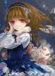 Rule 34 | 1girl, bad id, bad pixiv id, brown hair, cross, cutting hair, dress, flower, gears, gloves, hairband, highres, jewelry, necklace, original, red eyes, ribbon, rose, scissors, solo focus, tukino (panna), water