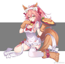 Rule 34 | 1girl, animal ear fluff, animal ears, animal hands, apron, arm garter, bare shoulders, bell, bow, breasts, cleavage, collar, commentary request, covered erect nipples, fate/grand order, fate (series), food, fox ears, fox girl, fox tail, frilled apron, frills, gloves, hands up, holding, holding plate, jingle bell, latioss, long hair, looking at viewer, maid apron, maid headdress, medium breasts, naked apron, omelet, omurice, paw gloves, paw shoes, pink hair, plate, red bow, shoes, single thighhigh, sitting, smile, solo, tail, tamamo (fate), tamamo cat (fate), tamamo cat (third ascension) (fate), thighhighs, wariza, white thighhighs, yellow eyes