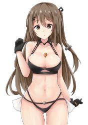 Rule 34 | 1girl, absurdres, bare shoulders, between breasts, bikini, black bikini, blush, breasts, brown eyes, brown hair, bullet, cleavage, collar, collarbone, cowboy shot, fingerless gloves, girls&#039; frontline, gloves, groin, hair between eyes, hair ornament, hairclip, hakuya (white night), hand up, highres, k2 (girls&#039; frontline), long hair, looking at viewer, medium breasts, navel, open mouth, sidelocks, simple background, solo, stomach, swimsuit, thighs, transparent background, white background