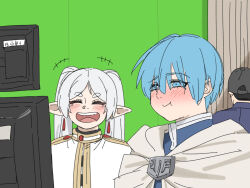Rule 34 | +++, 1girl, 2boys, blue eyes, blue hair, blush, capelet, cloak, closed mouth, earrings, elf, frieren, green screen, himmel (sousou no frieren), jewelry, laughing, long hair, mole, mole under eye, multiple boys, open mouth, parted bangs, perutore, pointy ears, short hair, smile, sousou no frieren, twintails, upper body, white capelet, white cloak, white hair