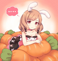Rule 34 | ..., 1girl, 3:, absurdres, animal ears, animal print, bad id, bad pixiv id, bare arms, bare shoulders, blush, breasts, brown hair, carrot-shaped pillow, choker, cleavage, commentary request, crossed arms, dress, hair ribbon, highres, looking at viewer, maki (natoriumu), medium breasts, multicolored clothes, multicolored dress, original, print dress, rabbit ears, rabbit print, red eyes, revision, ribbon, simple background, sleeveless, sleeveless dress, solo, strapless, strapless dress, tress ribbon